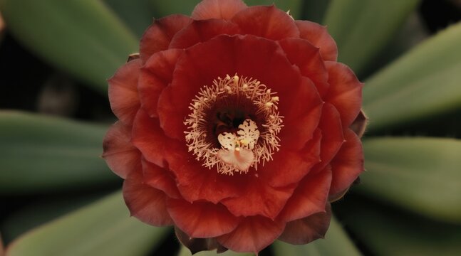 Stapelia flower with layered petals in deep red color. Cactus succulent has star shape bloom with fuzzy center. Green leaves blur background shows detail.