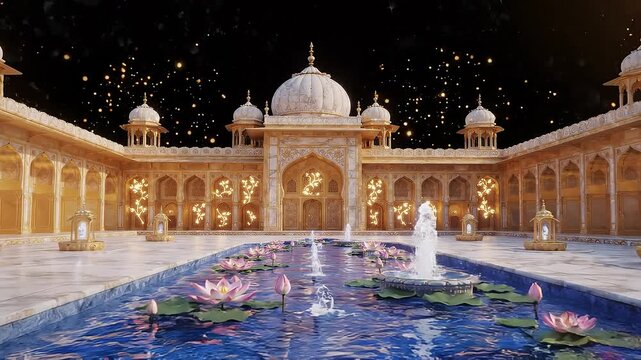 Mughal terrace with fountains progressing across three frames