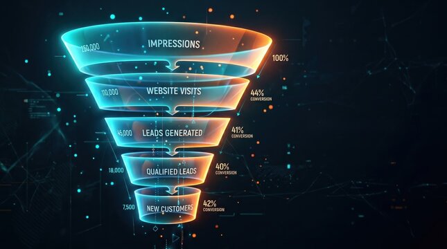 Glowing blue and orange funnel chart illustrating website conversion process with impressions visits leads and sales on dark background with neon lights