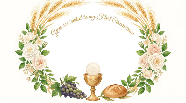 First communion invitation wreath with golden chalice and roses