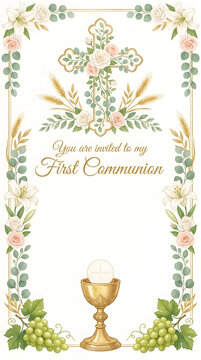 Catholic first communion invitation with watercolor floral cross