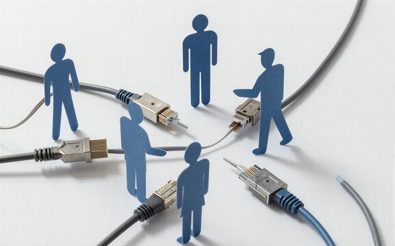 Paper cutouts of people connected by cables symbolizing networked