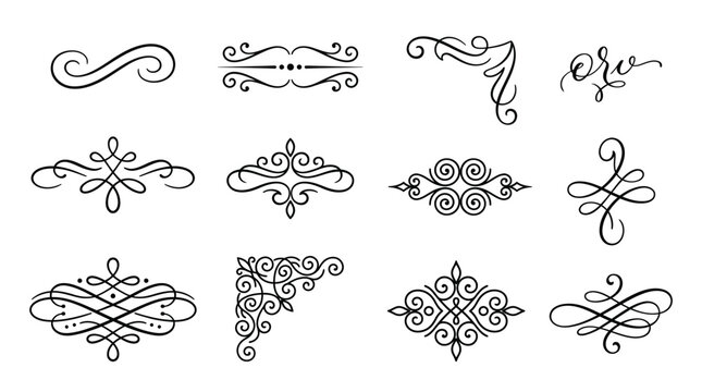 Vector collection of black line flourishes and filigree ornaments Elegant calligraphic swirls corner accents and symmetrical dividers perfect for luxury wedding invitations and boutique branding