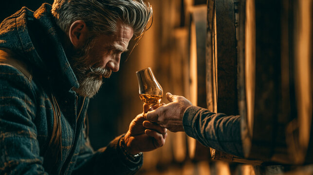 Vintage Beard Connoisseur Sipping Premium Whiskey in a Rustic Distillery Setting &ndash; Close-Up of Artisan Tasting Ritual with Warm Lighting