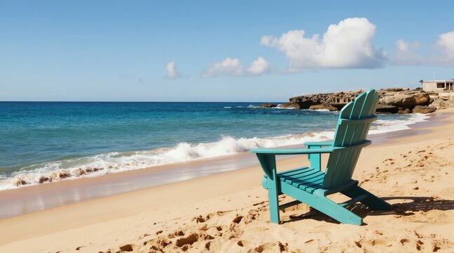 Turquoise adirondack chair sits on sandy beach facing calm blue ocean waves. Rocky outcrop and building visible on far coast. Sunny day, clear sky, peaceful seascape.