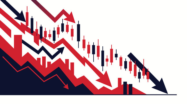 Stock Market Crash Abstract Illustration with Red Declining Arrows and Candlestick Financial Chart