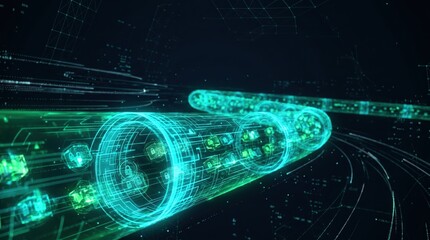 Fototapeta premium Futuristic vpn tunnel visualization with glowing blue circuits and nodes on a dark background representing secure online connections and data encryption
