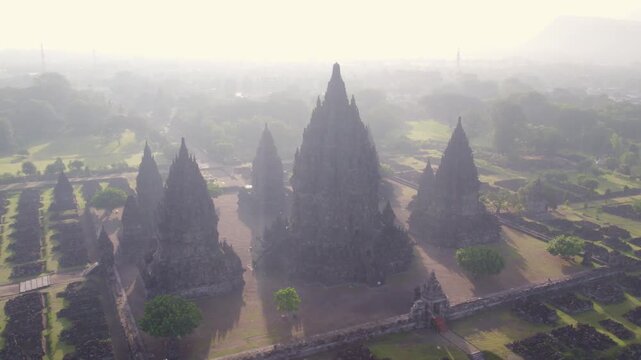 Aerial Drone Footage of the Magnificent Prambanan Temple Complex at Sunrise in Yogyakarta, Indonesia