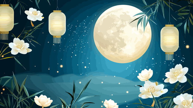 Night scene with a glowing full moon, floating lanterns, white flowers, and blue hills