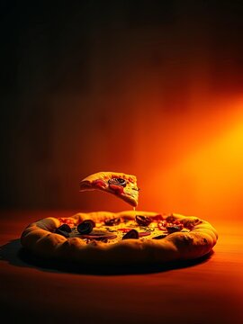 Dramatic dutch angle on a faded, film-grained pizza, a solitary edible sculpture defying gravity, bathed in nostalgic light,  abstract,  gravity