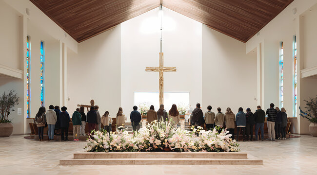 Studenti riuniti in preghiera in una cappella luminosa con croce e altare floreale, ideale per locandine parrocchiali, miniature YouTube e contenuti social spirituali