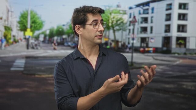 Man with open palms gesturing at a city crosswalk on a street, wearing glasses and dark shirt, mid explanation to camera; questioning.