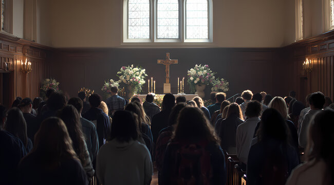 Studenti riuniti in preghiera in una cappella luminosa con croce e altare floreale, ideale per locandine parrocchiali, miniature YouTube e contenuti social spirituali