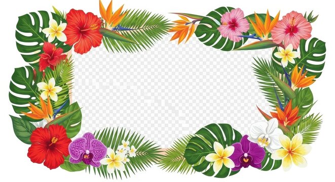 Tropical floral frame with vibrant hibiscus, orchids, and palm leaves, perfect for summer designs and exotic themes.