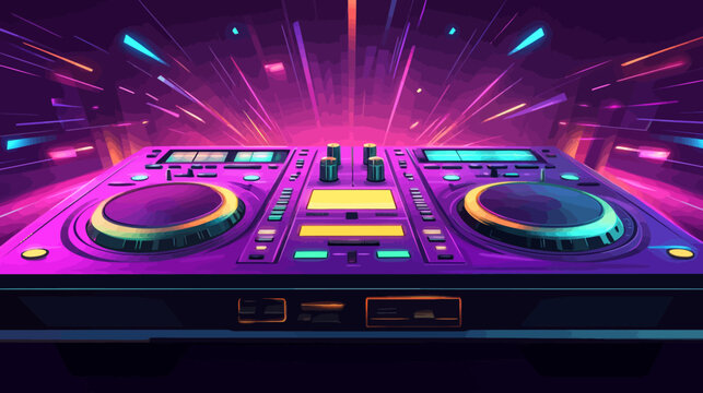 Vibrant digital DJ turntable setup with neon lights and effects