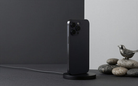 Black iPhone rests on charger beside stacked stones with a silver