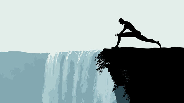 silhouette of a person in push-up position on cliff edge above waterfall