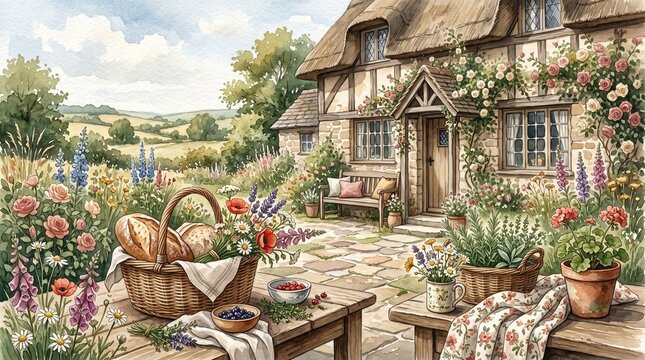 Idyllic Cottage Scene with Flowers and Basket
