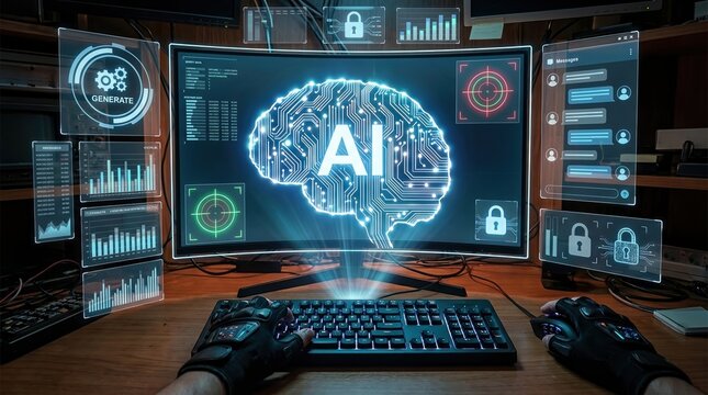 AI Technology Workspace with Holographic Interface and Brain Visualization
