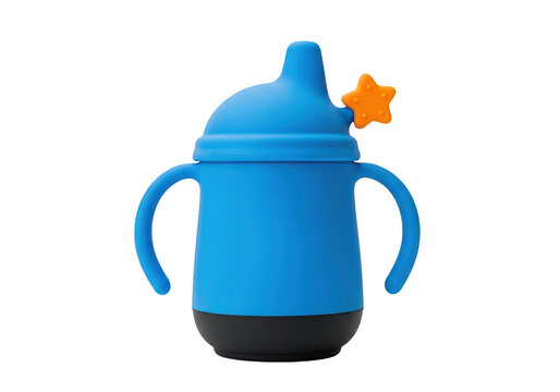 A blue sippy cup with a star-shaped handle and a black base.