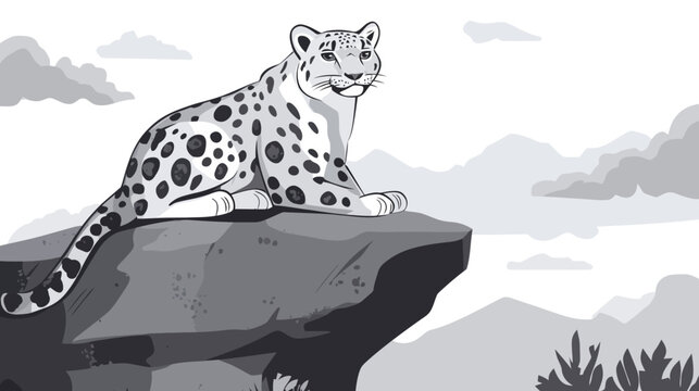 Illustration of a snow-leopard resting on a ledge overlooking mountainous landscape