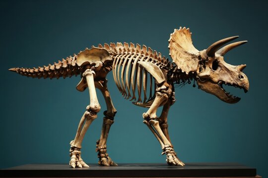 Triceratops skeleton on display, ancient bones form full prehistoric creature. Dinosaur skeleton exhibits fossilized remains, showcasing extinct vertebrate anatomy.