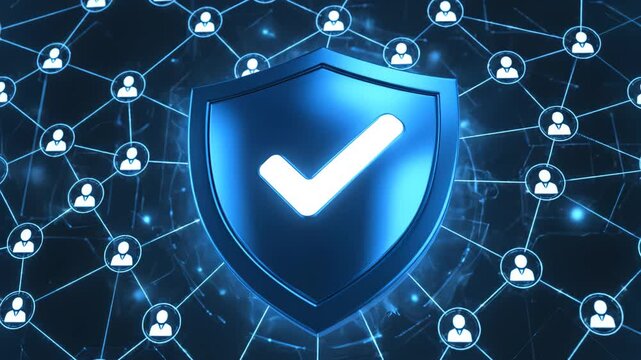 Blue shield with checkmark on network background ideal for software, IT, and cybersecurity commercial use