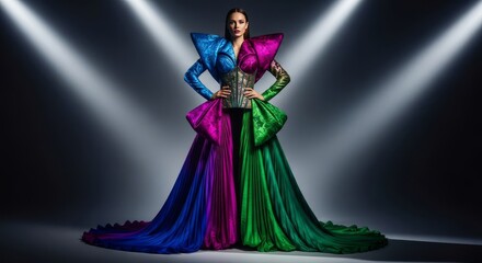 Fototapeta premium Sophisticated couture ensemble shown with an assertive silhouette under dramatic studio spotlights, evoking a premium and artistic allure, elegant, expensive, couture