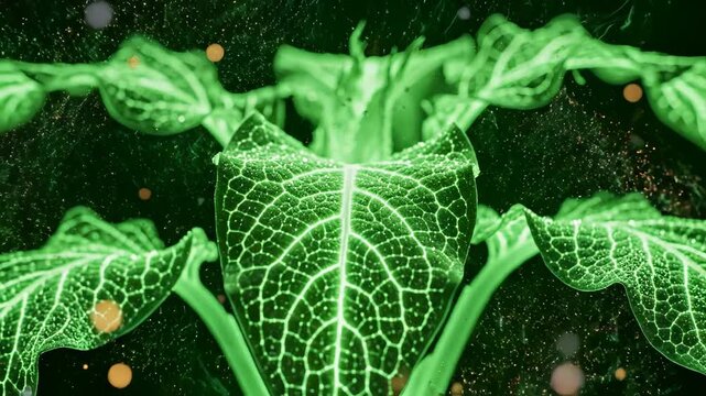 Closeup of glowing green leaf with particles showcasing contemporary design and abstract concepts