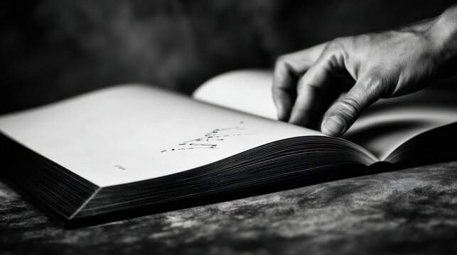 Person turning pages of a book in black and white close up