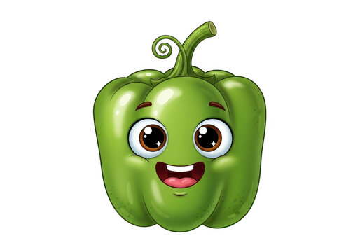 A cheerful green pepper with a smiling face and a leaf on top