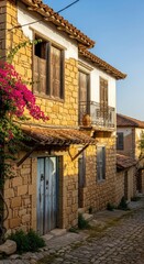 Fototapeta premium Traditional stone houses with wooden shutters and vibrant bougainvillea in a charming Greek village alleyway under a clear sky.