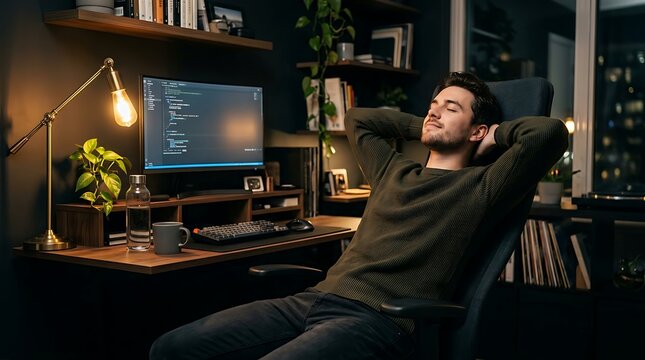 Serene Moment of Relaxation: A relaxed man with arms behind his head sits in an office chair, enjoying a moment of contemplation, the soft glow of a desk lamp enhancing the peaceful atmosphere. 