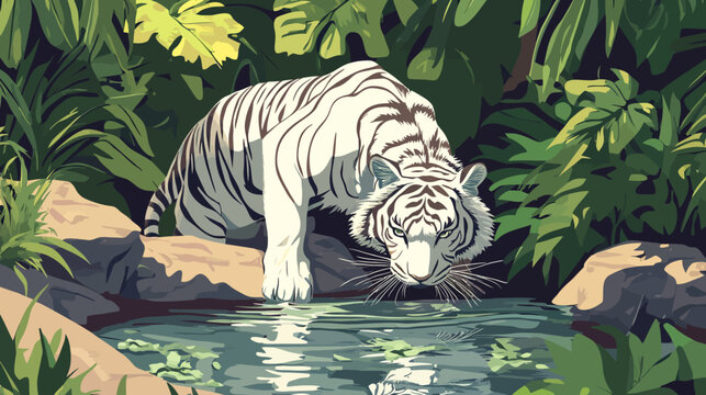 White tiger drinking water in lush green jungle surroundings