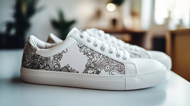 Stylish White Sneakers with Intricate Floral Design