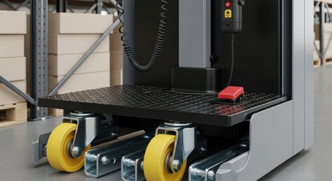 electric pallet jack lifting platform with yellow wheels in warehouse setting