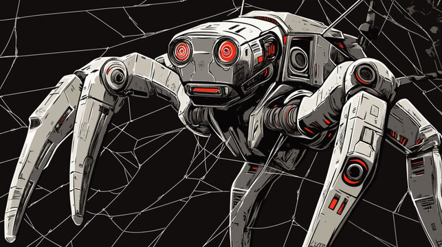 Futuristic robotic spider with multiple articulated limbs on web