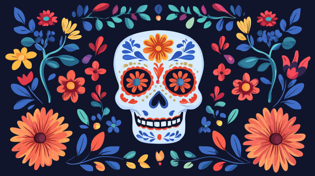 Colorful sugar skull with floral designs surrounded by vibrant flowers