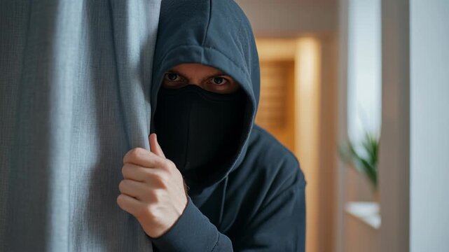 Suspicious intruder wearing a mask and hoodie hiding behind window curtains inside a modern house.