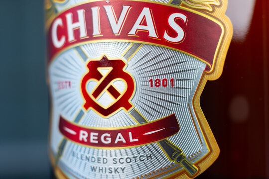 LONDON, UNITED KINGDOM - JULY 30, 2024 Bottle of Chivas Regal 12 Year Old Blended Scotch Whisky, the original luxury blended Scotch whisky, combining the finest malt and grain whiskies