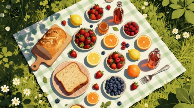 Outdoor picnic scene with assorted fresh fruits like strawberries, blueberries, oranges, lemons, raspberries. Includes crusty bread, toast slices, bottles of drink on green checkered blanket in rich