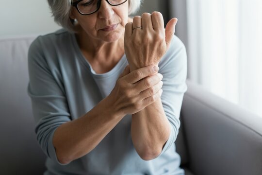 Elderly woman rubs sore wrist. Senior lady feels pain from arthritis or rheumatism. Mature female suffers from joint ache and inflammation. Old age health problem.
