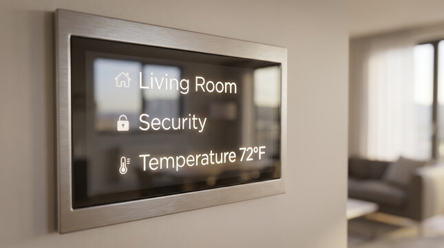 Digital smart home control panel on wall displaying temperature and security settings in blurred living room. Building automation IoT technology. Intelligent system connectivity with copy-space.