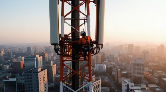 Telecom worker climbs cell tower above city buildings. Technician maintains antenna, ensuring wireless network coverage and communication infrastructure for urban population below.