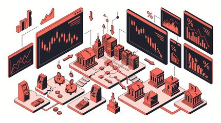 Isometric Banking Crisis Concept, Stock Market Crash, High Inflation and Financial System Collapse © MA studio