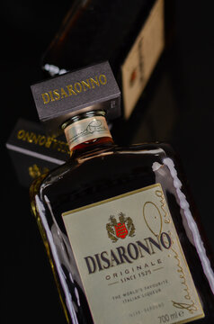 LONDON, UK - 17 APRIL 2024 Bottles of Disaronno Originale, an amber colored liqueur with a characteristic almond flavour