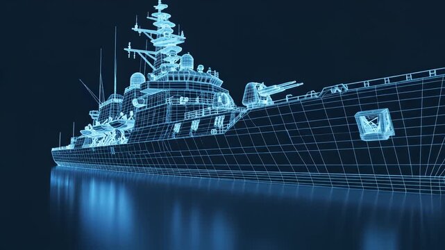 Wireframe model of a naval ship highlighting seamless tech integration and digital solutions