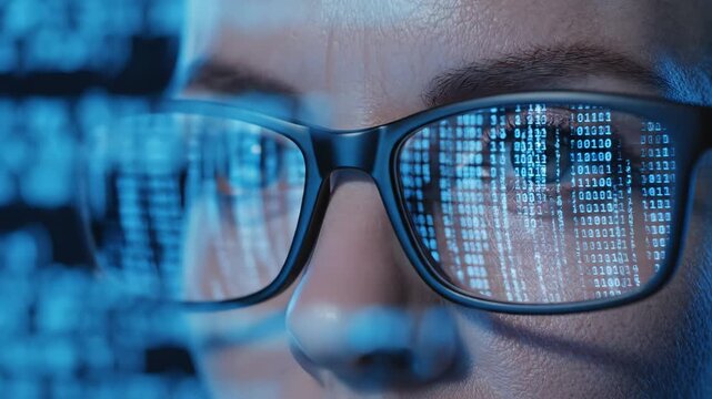 Closeup of person wearing glasses with binary code reflection perfect for tech startups and digital transformation themes