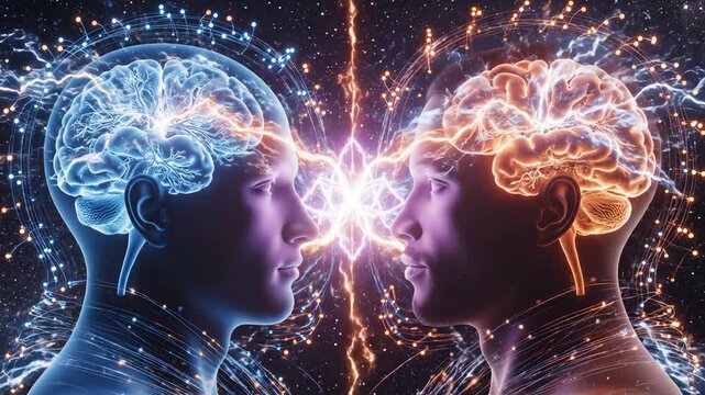 Two human heads with glowing brains ideal for high-end commercial backdrops and visual effects