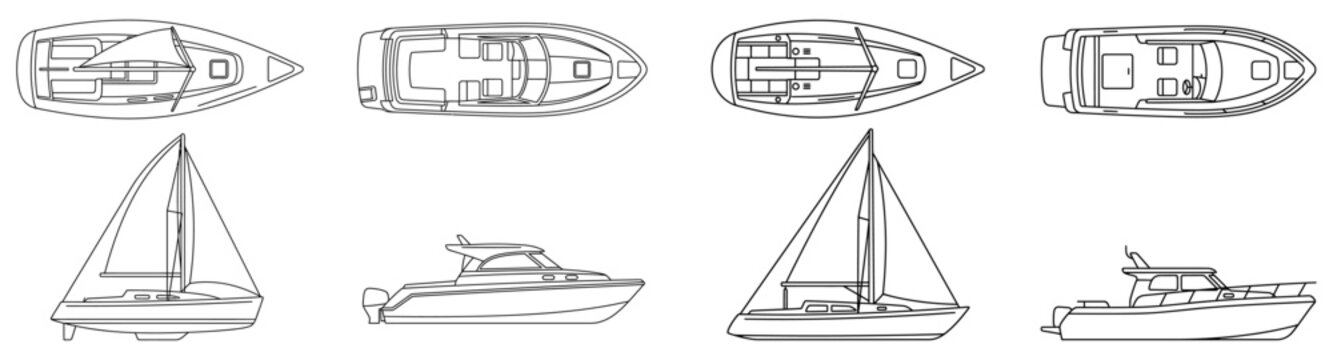 Detailed collection of diverse maritime vessels including sailboats and motorboats presented in both top down plan view and side elevation line art style outlines for technical graphic